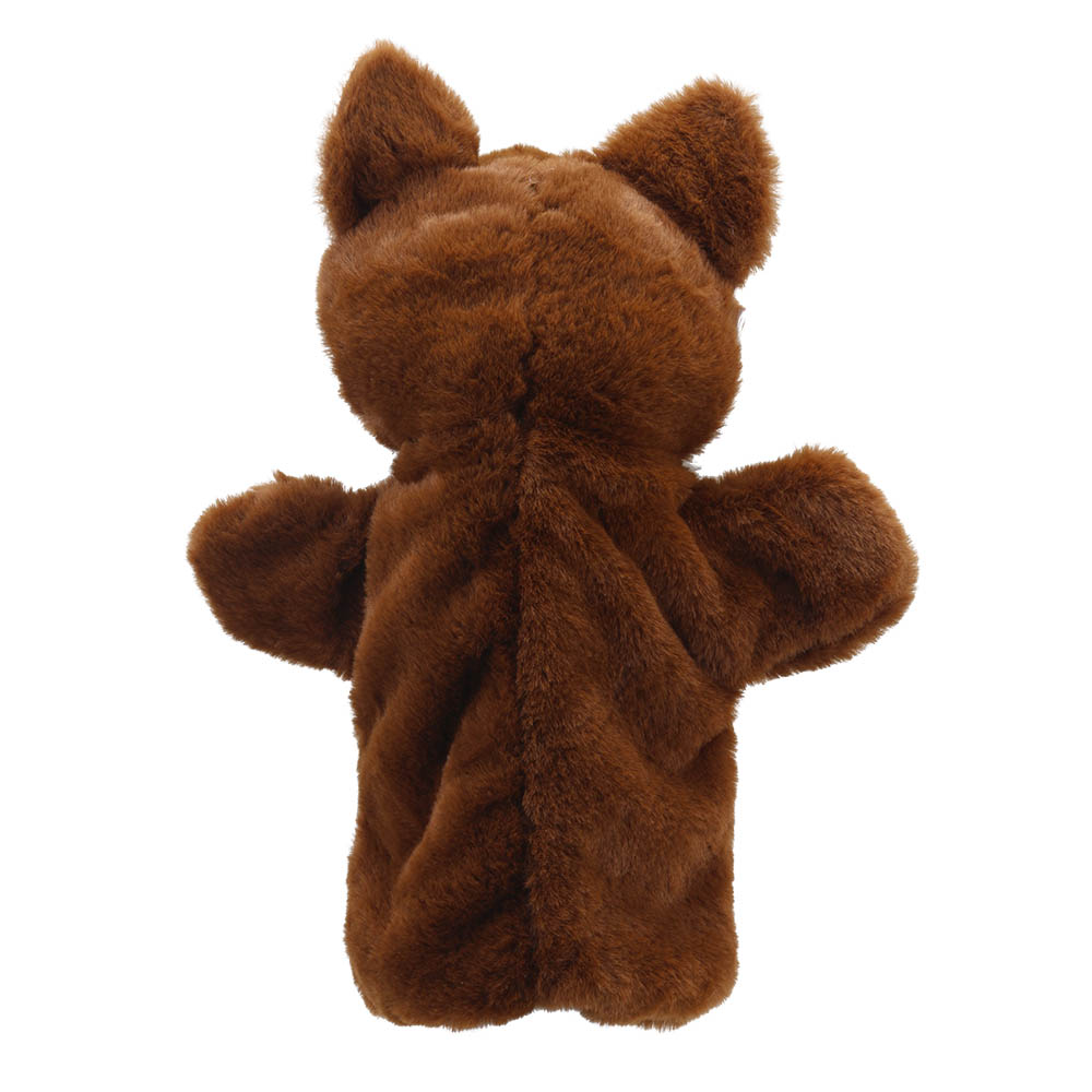 The Puppet Company baby hand puppet fox, back view showing brown fur and pointed ears