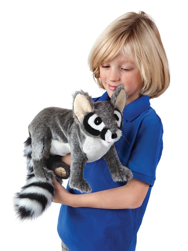 Folkmanis hand puppet ringtail cat in grey with a black-and-white striped tail, held in a child's arms