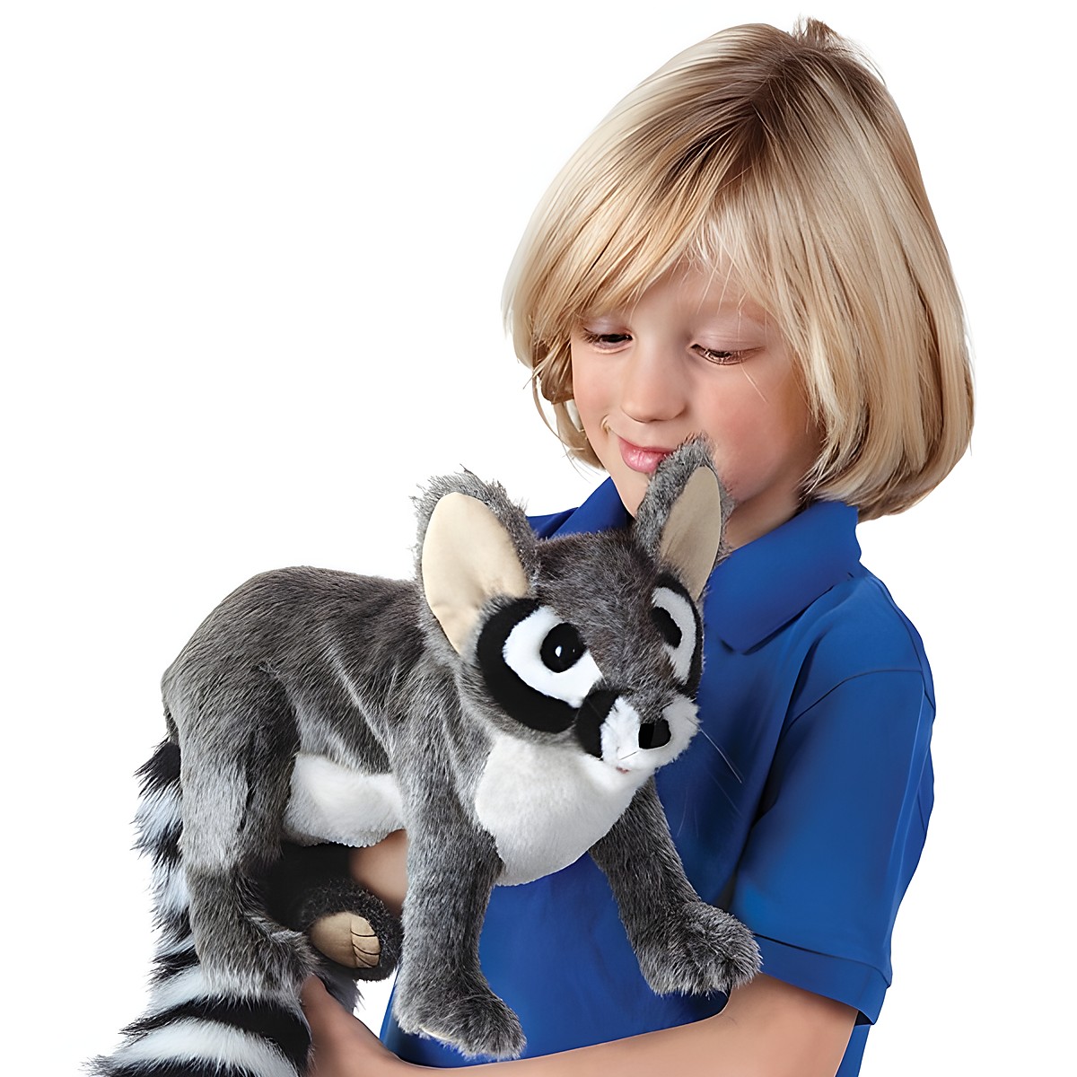 Folkmanis hand puppet ringtail cat in grey with a black-and-white striped tail, held in a child's arms