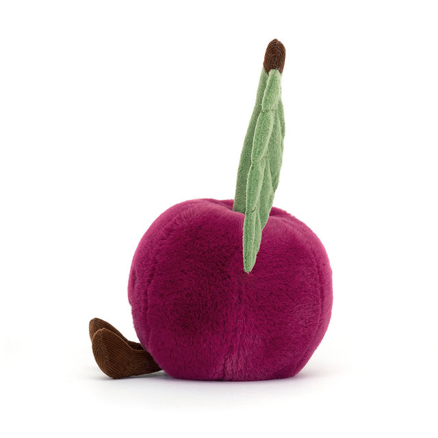 Jellycat Amuseables Kirsche, pinke Plüschfigur mit grünem Blatt-Stiel, Rückansicht mit braunem Stängelende