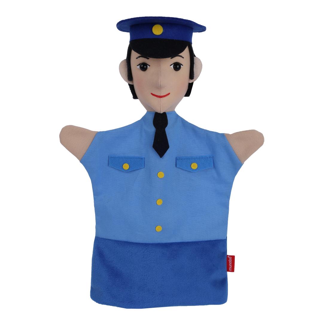 Policeman hand puppet by munabo, front view: blue peaked cap, light blue uniform shirt with black tie and yellow buttons.