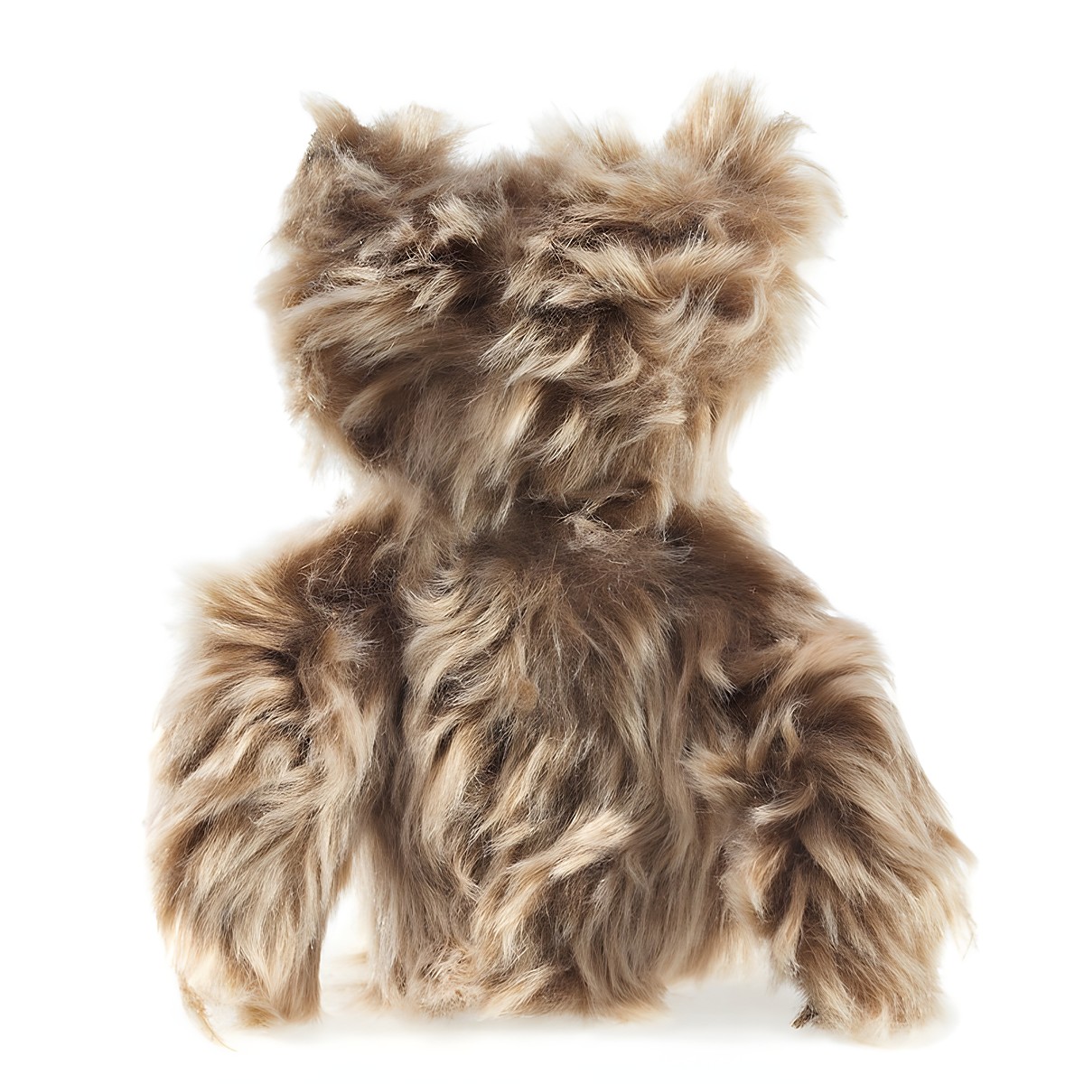 Folkmanis screech owl hand puppet with ruffled brown plumage made of long, wavy fibres, front view