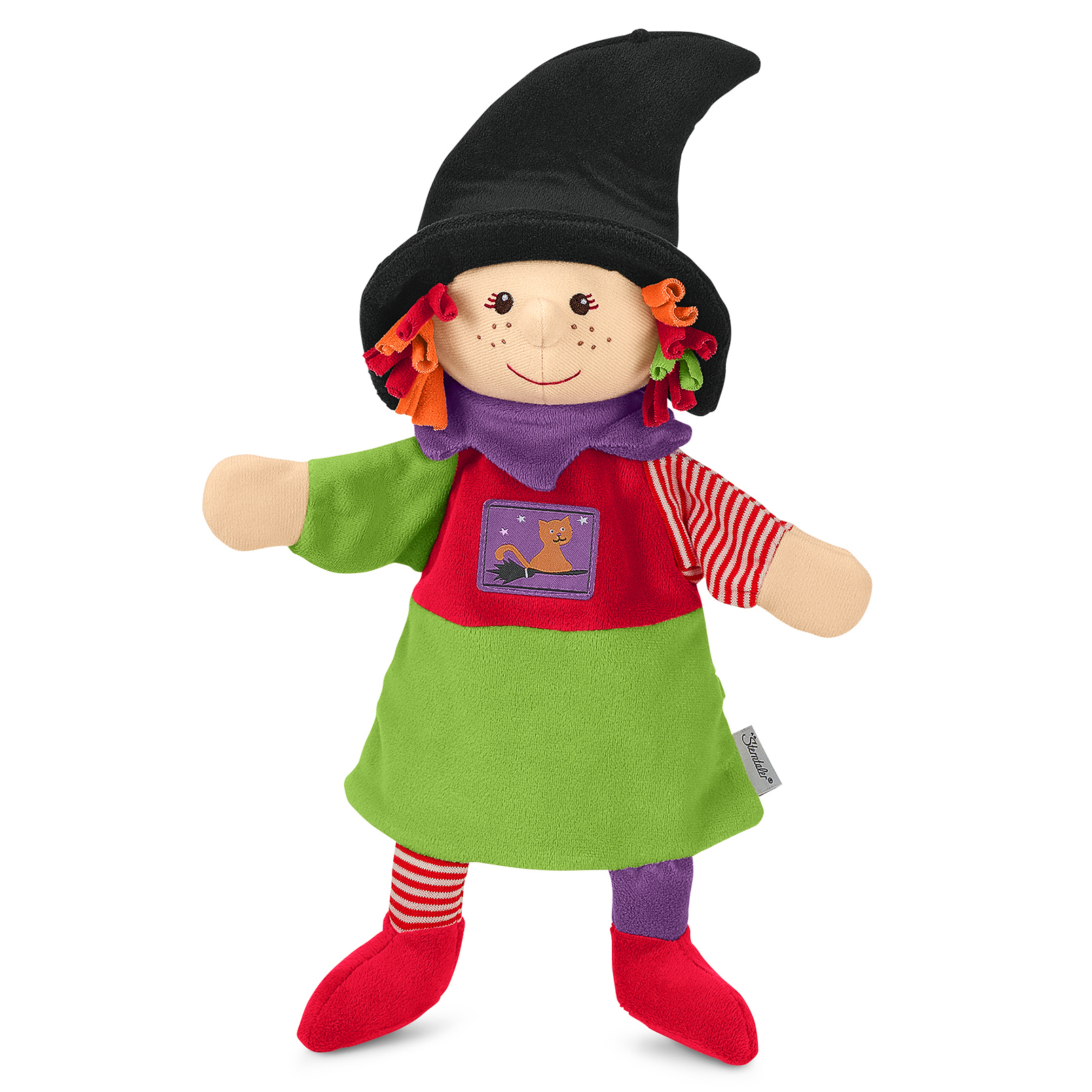 Sterntaler baby hand puppet witch, black pointed hat, green-and-red dress with a cat motif and striped legs