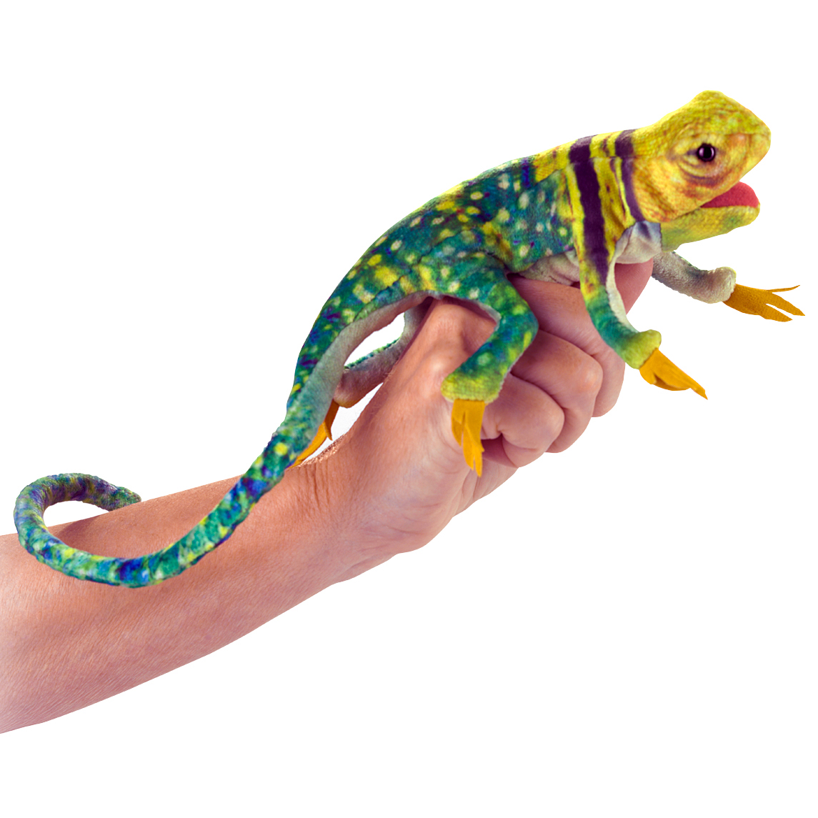 Folkmanis mini collared lizard finger puppet in green-yellow with purple stripes, worn on a finger, long curled tail