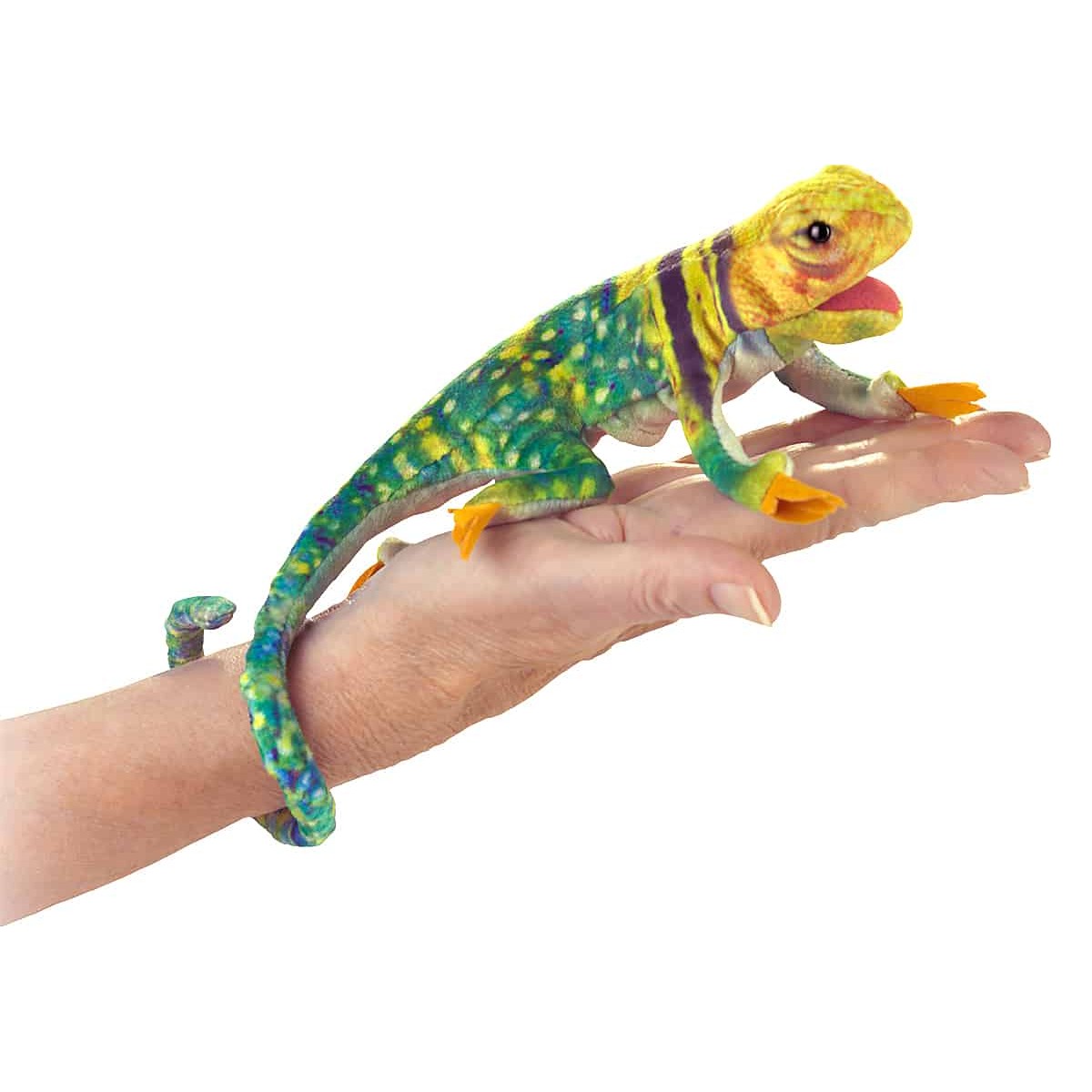 Folkmanis mini collared lizard finger puppet in green-yellow with purple stripes, worn on a finger, long curled tail
