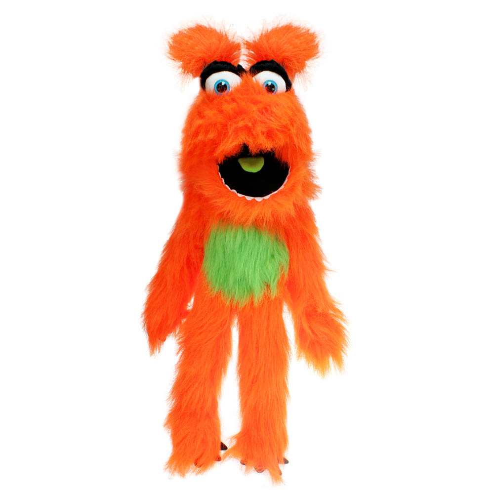 The Puppet Company Handpuppe Monster Orange, orangefarbenes zottiges Monster mit grünem Bauchfleck, Frontansicht