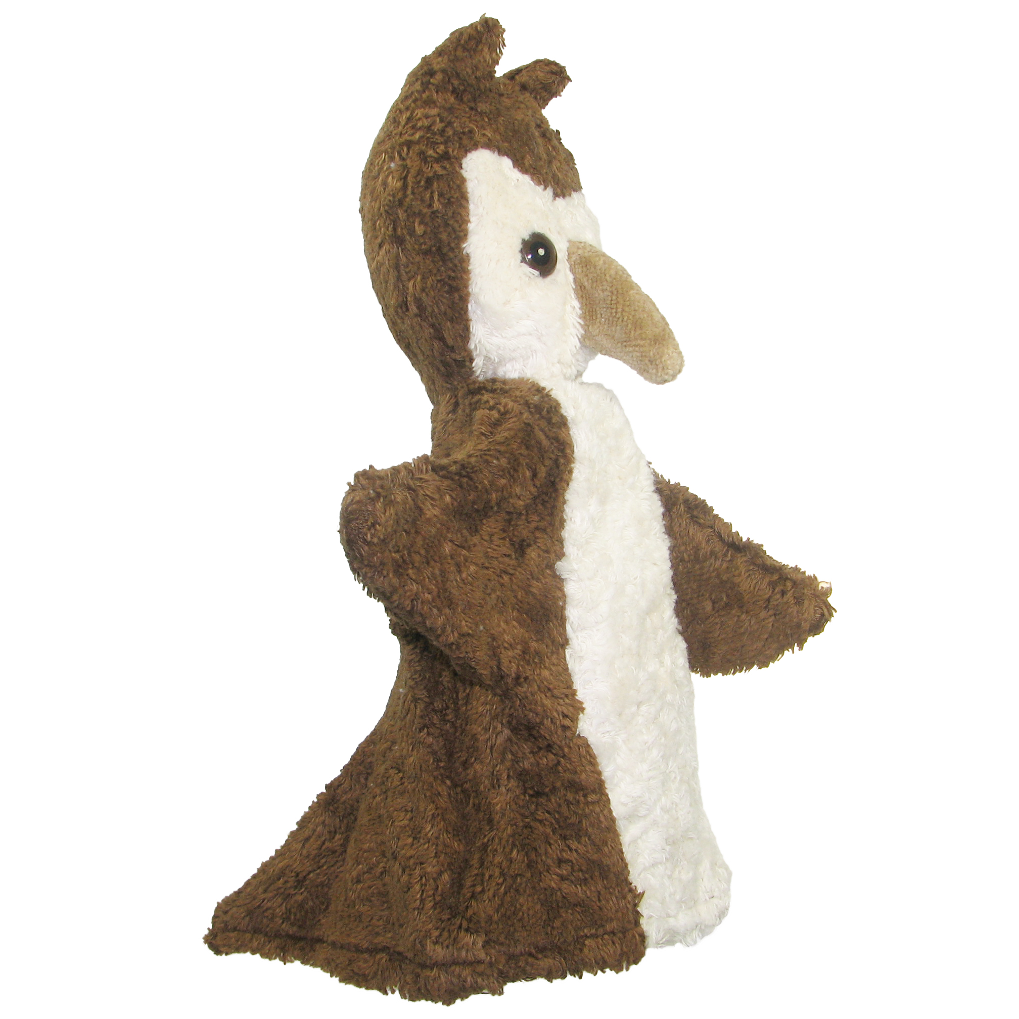 Kallisto Handpuppe Eule braun, Seitenansicht mit hellbraunem Schnabel und braunem Fell