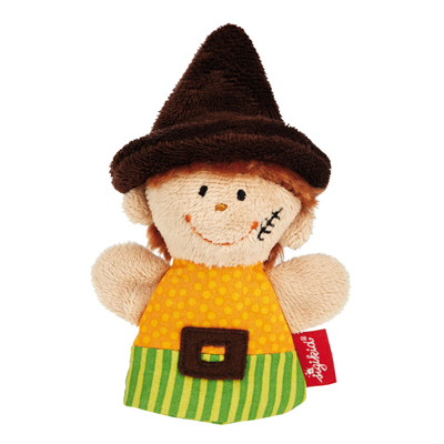 sigikid finger puppet robber, small fabric doll with a brown pointed hat, orange polka-dot top and green striped trousers