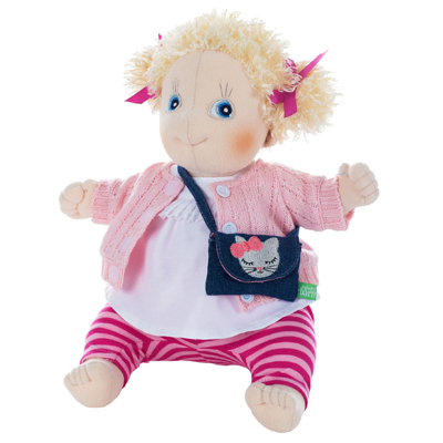Rubens doll with pink cardigan, striped trousers and the kitty denim bag