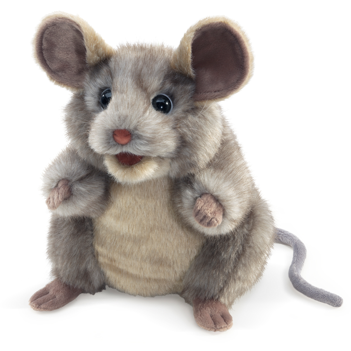 Folkmanis Handpuppe graue Maus mit beweglichem Mund, großen Ohren und langem Schwanz, Frontalansicht auf weißem Hintergrund