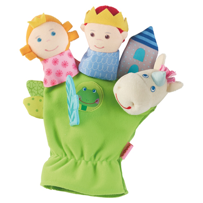 HABA Fingerpuppen-Handschuh Märchen, grüner Handschuh mit Prinzessin, Prinz, Turm, Frosch und Einhornkopf