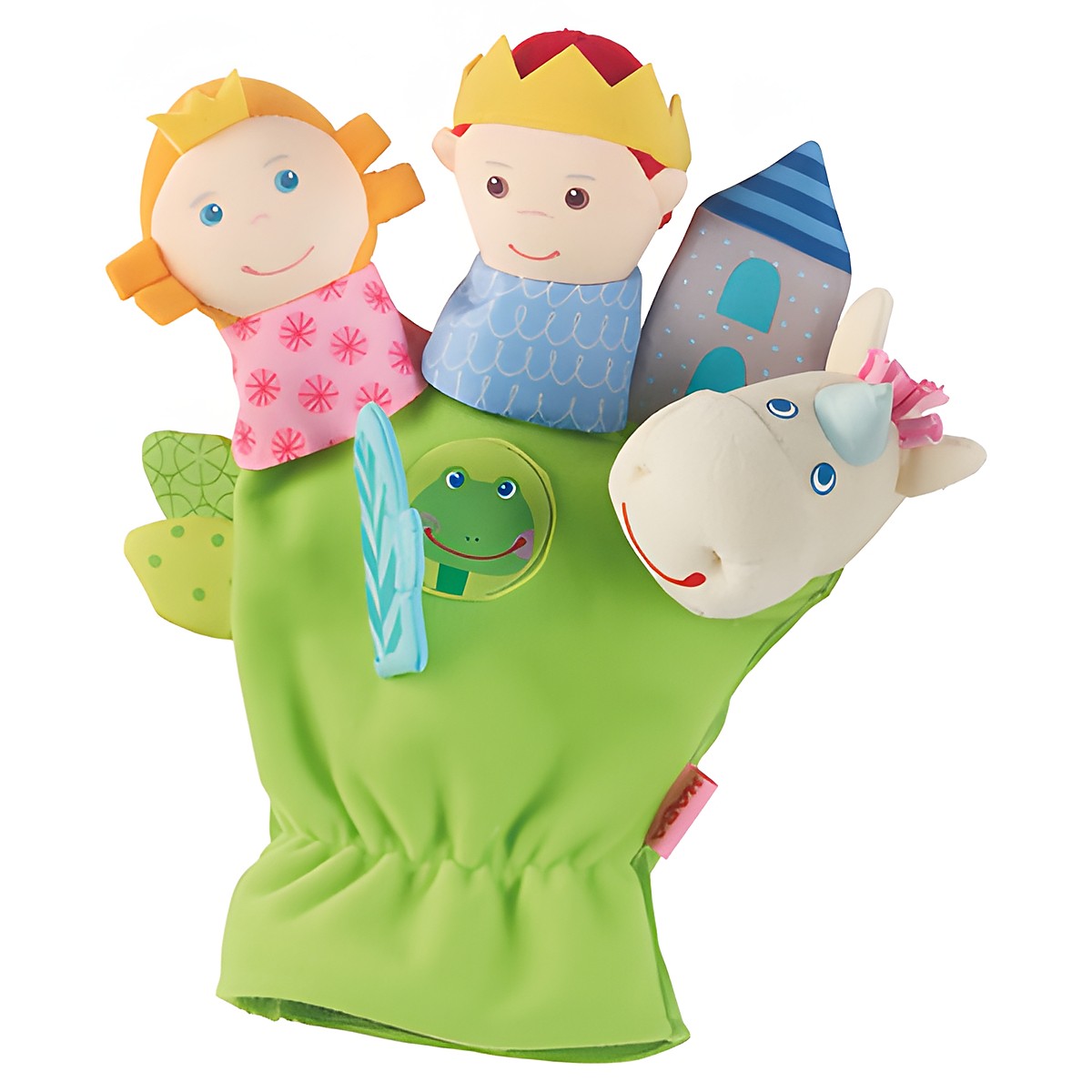 HABA Fingerpuppen-Handschuh Märchen, grüner Handschuh mit Prinzessin, Prinz, Turm, Frosch und Einhornkopf