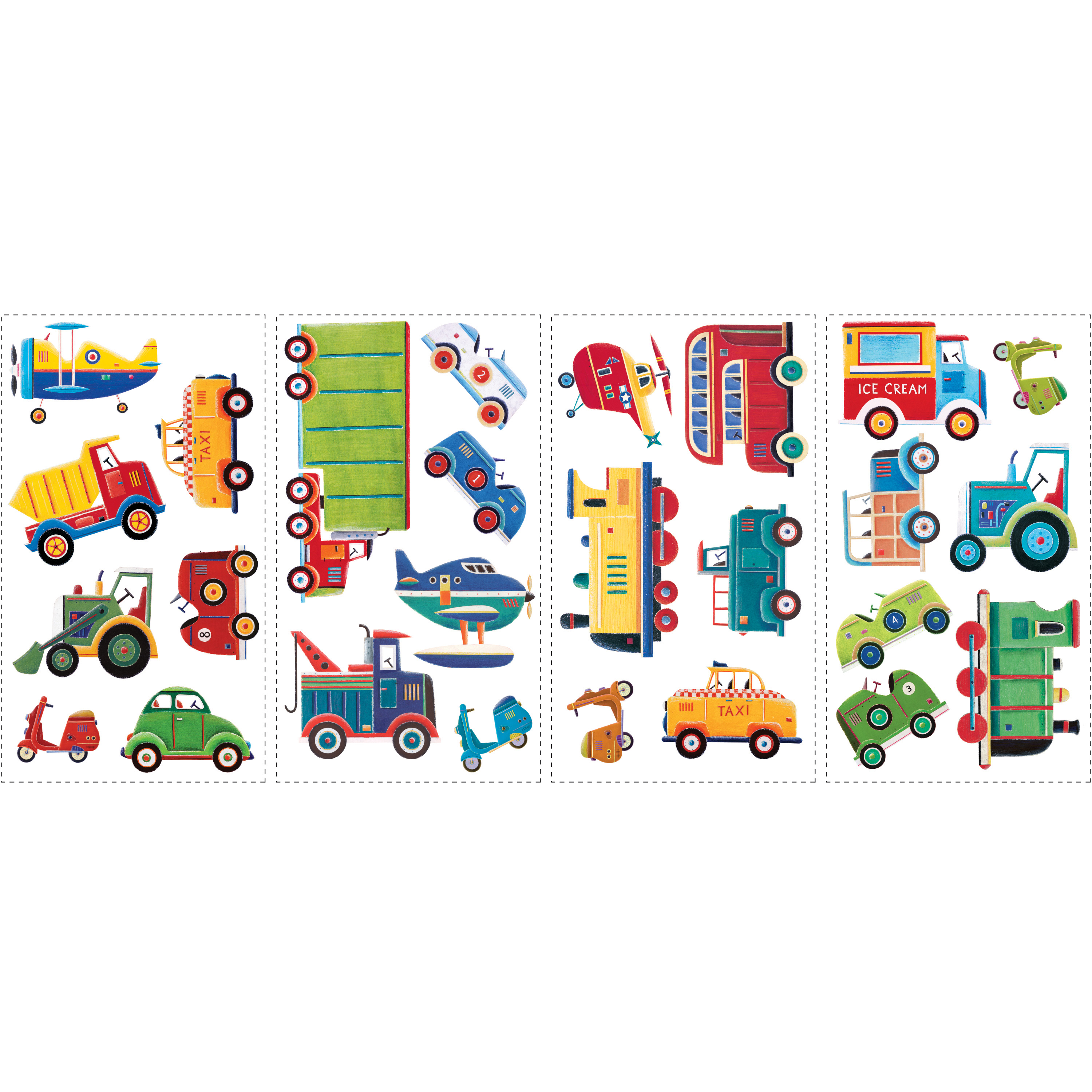 RoomMates wall decal Transportation, four decal sheets with colourful vehicle motifs such as plane, tractor, truck and scooter on a white background