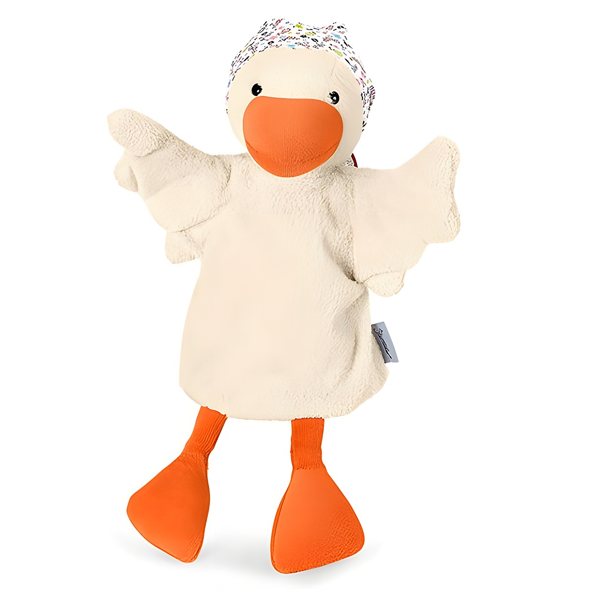Sterntaler Baby-Handpuppe Gans, cremefarbenes Federkleid, geblümte Kappe und orangefarbener Schnabel