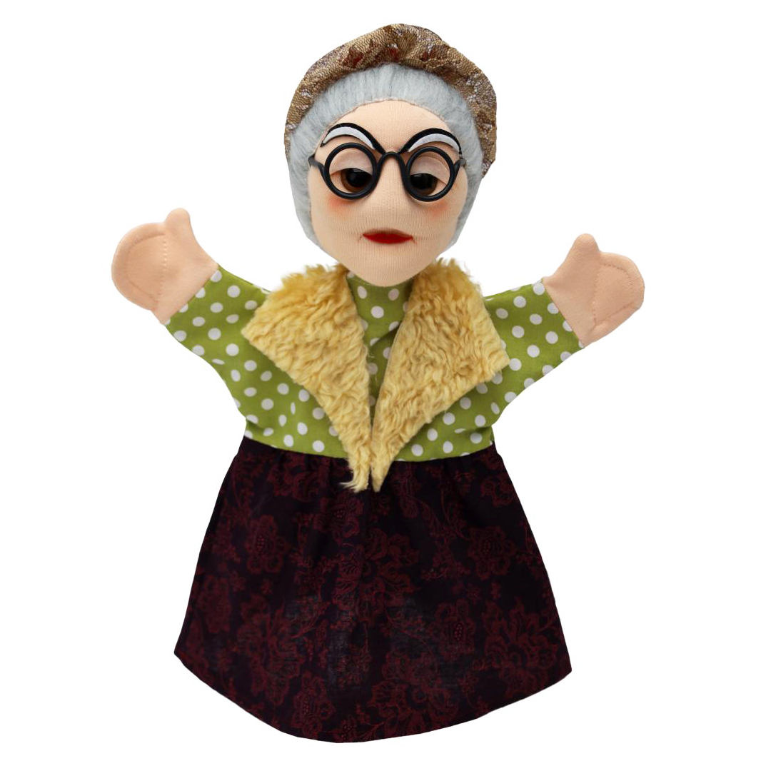 Punch and Judy puppet granny by munabo with a grey bun, round glasses, dotted blouse and fur collar