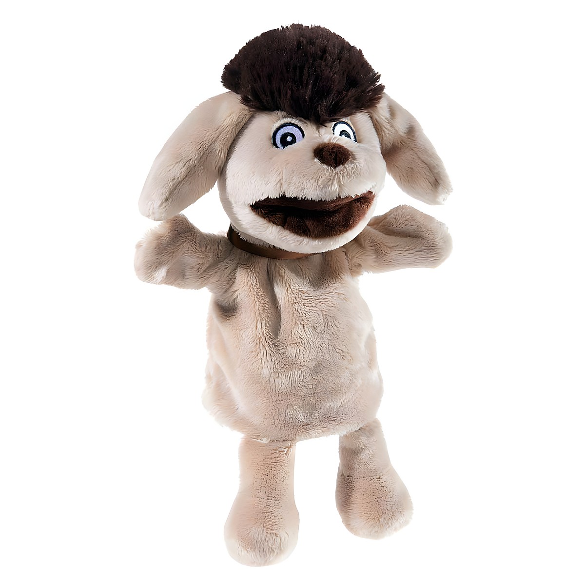 Heunec hand puppet dog Moppi, beige plush puppet with brown hair tuft, floppy ears and open mouth