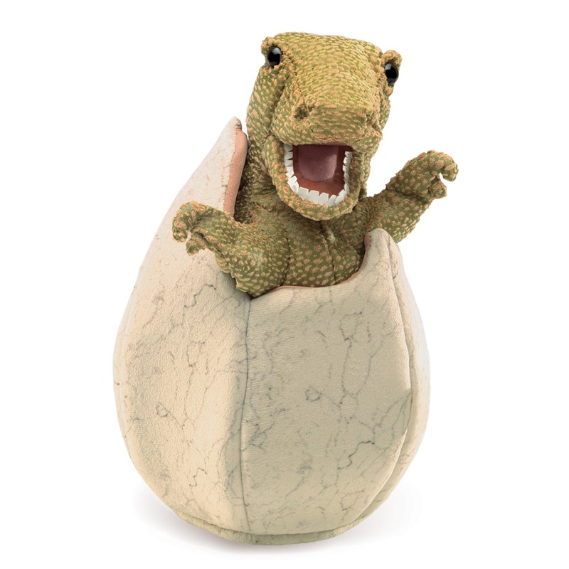 Folkmanis Handpuppe Saurierbaby im Ei: grünes Dinosaurier-Baby mit geöffnetem Maul schlüpft aus beigem Plüsch-Ei
