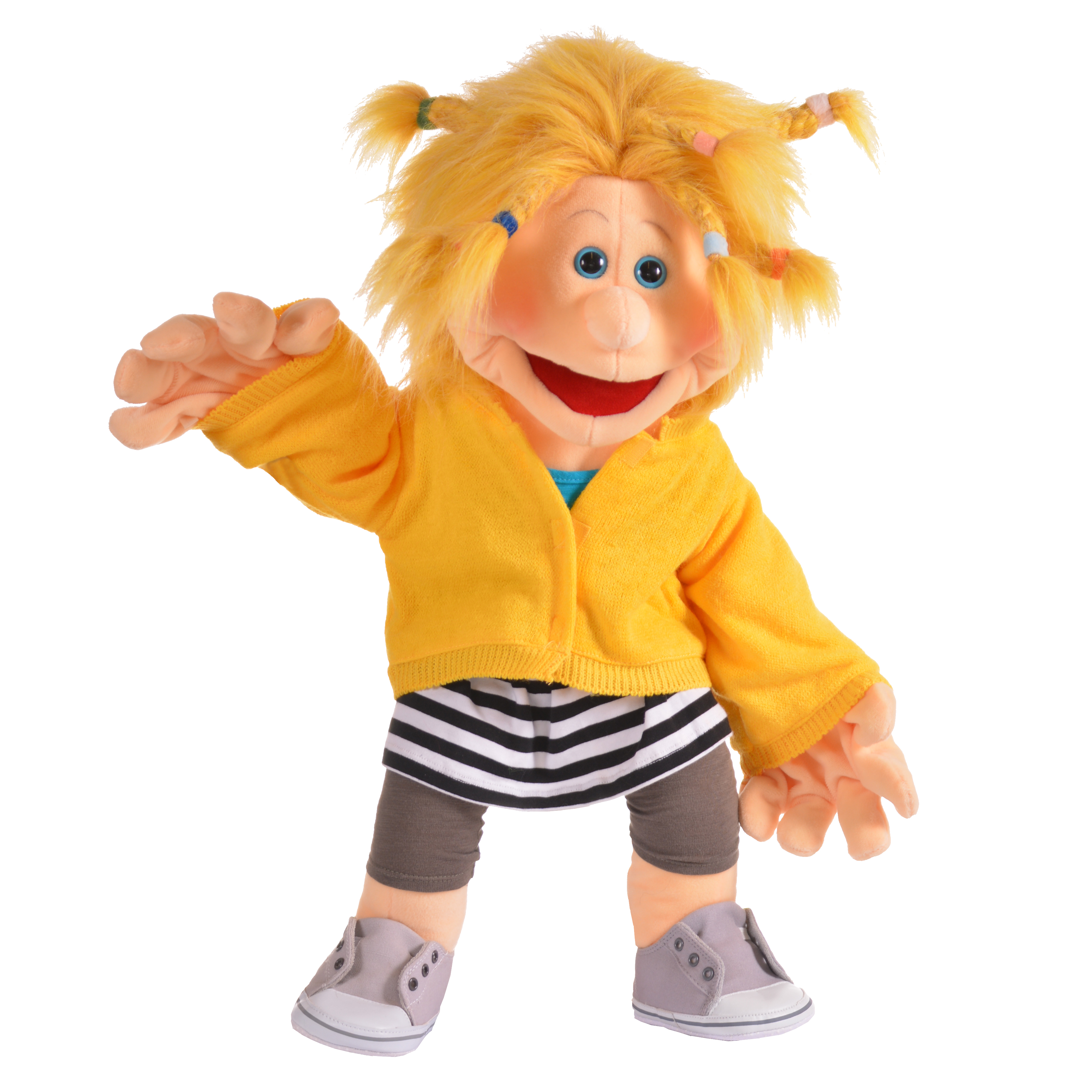 Living Puppets hand puppet Mirka with blonde pigtails in a yellow cardigan, striped skirt and grey leggings, waving