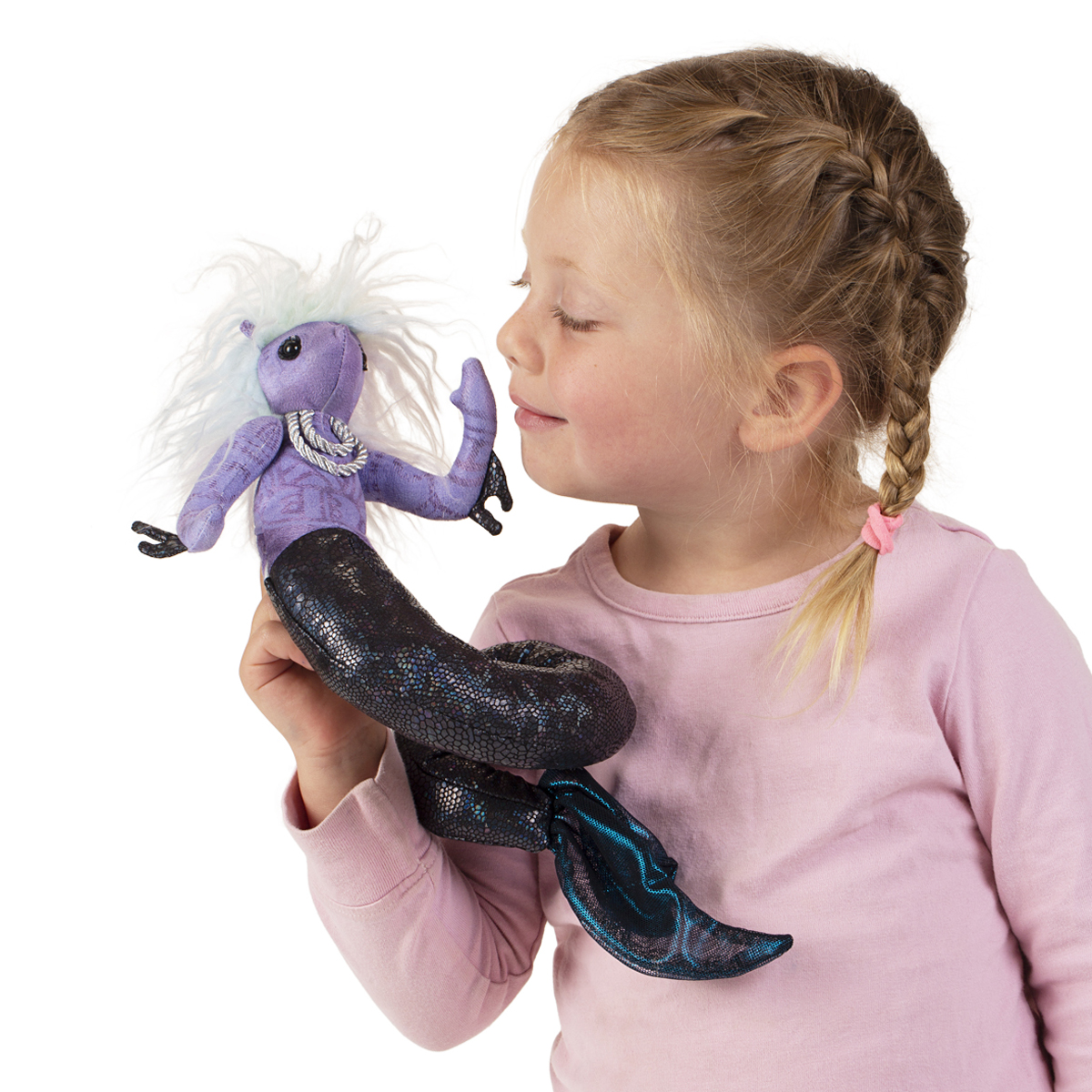 Folkmanis finger puppet mini sea nymph in purple with white mane and dark scaly tail, worn on a child's finger