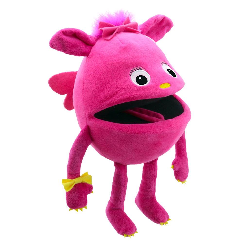 The Puppet Company Handpuppe Baby Monster rosa, pinkfarbenes Monster mit Flügeln, Schleife und geöffnetem Maul