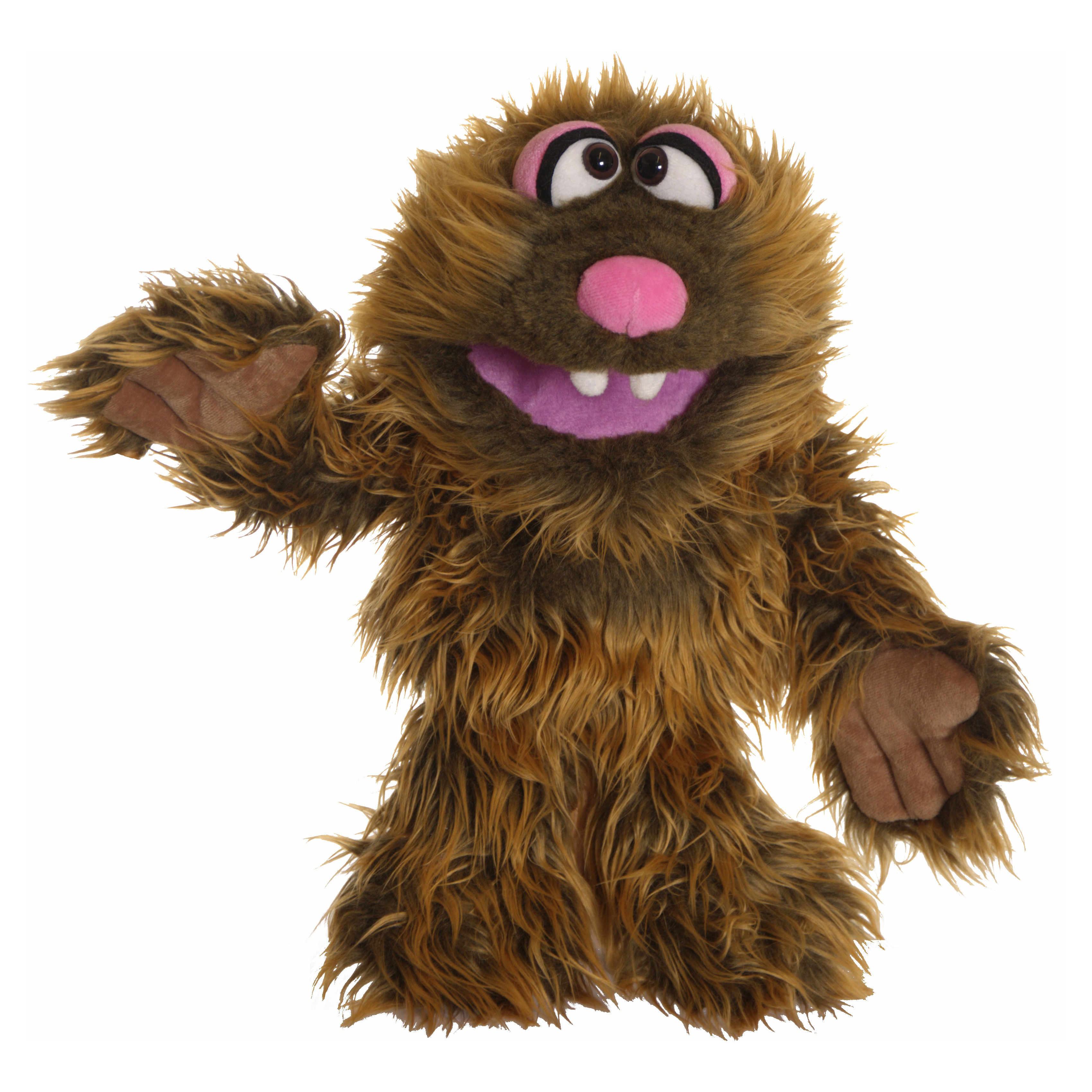 Living Puppets Handpuppe Zoff aus der Serie Monster to go, braunes Zottelmonster mit pinker Nase und sichtbaren Zähnen, winkend