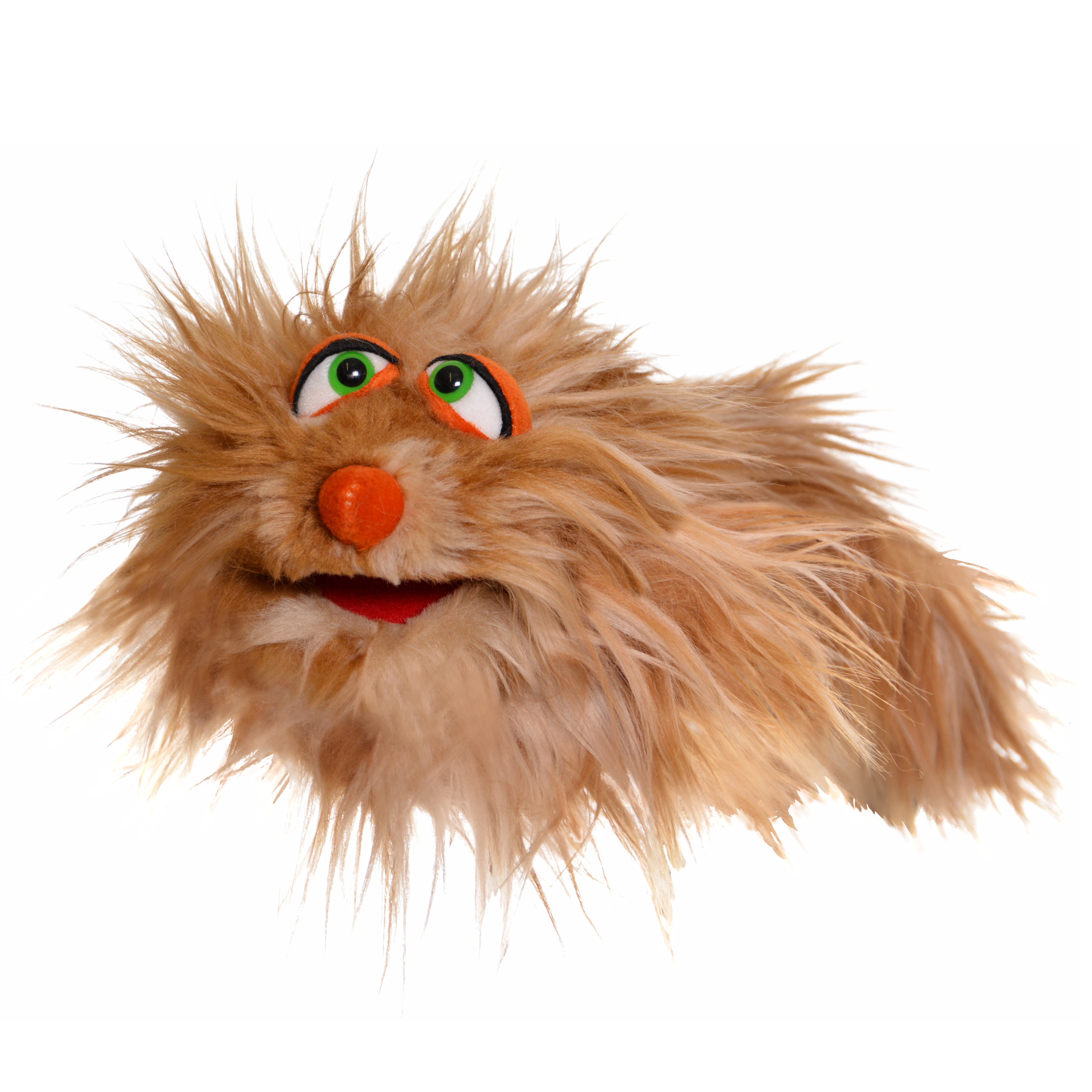 Living Puppets Handpuppe Faulpelz: beiges Zottelfell-Knäuel mit grünen Augen und oranger Nase