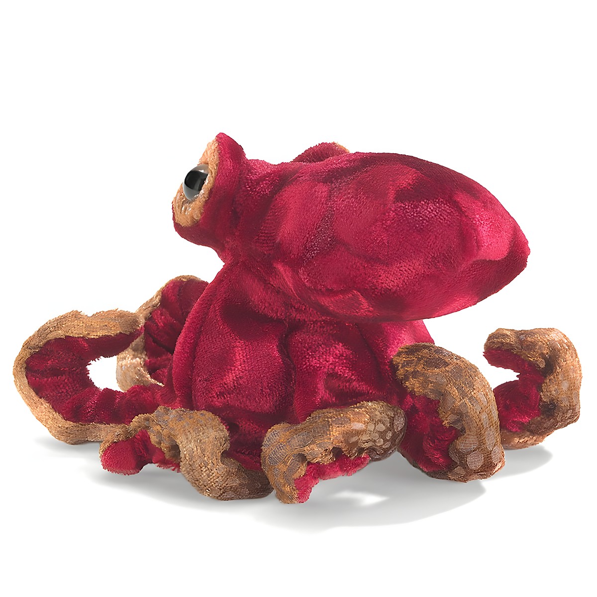 Folkmanis Fingerpuppe mini Oktopus in Dunkelrot mit braunen Tentakeln, schräge Rückansicht