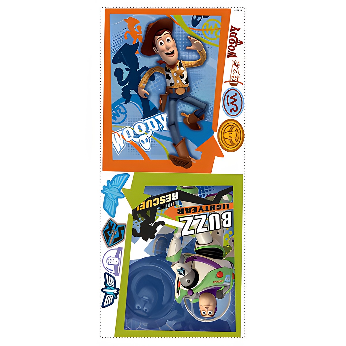 RoomMates Wandbild Toy Story Buzz Lightyear & Woody, Klebebogen mit den beiden Disney-Pixar-Postermotiven und Symbolaufklebern auf weißem Untergrund