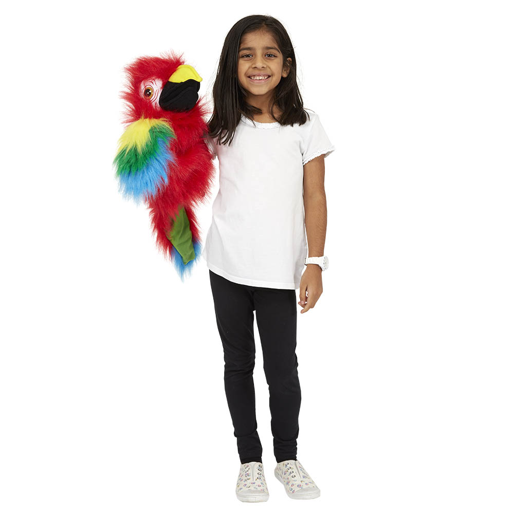 Girl holding the The Puppet Company Amazon parrot hand puppet on her arm, usage example