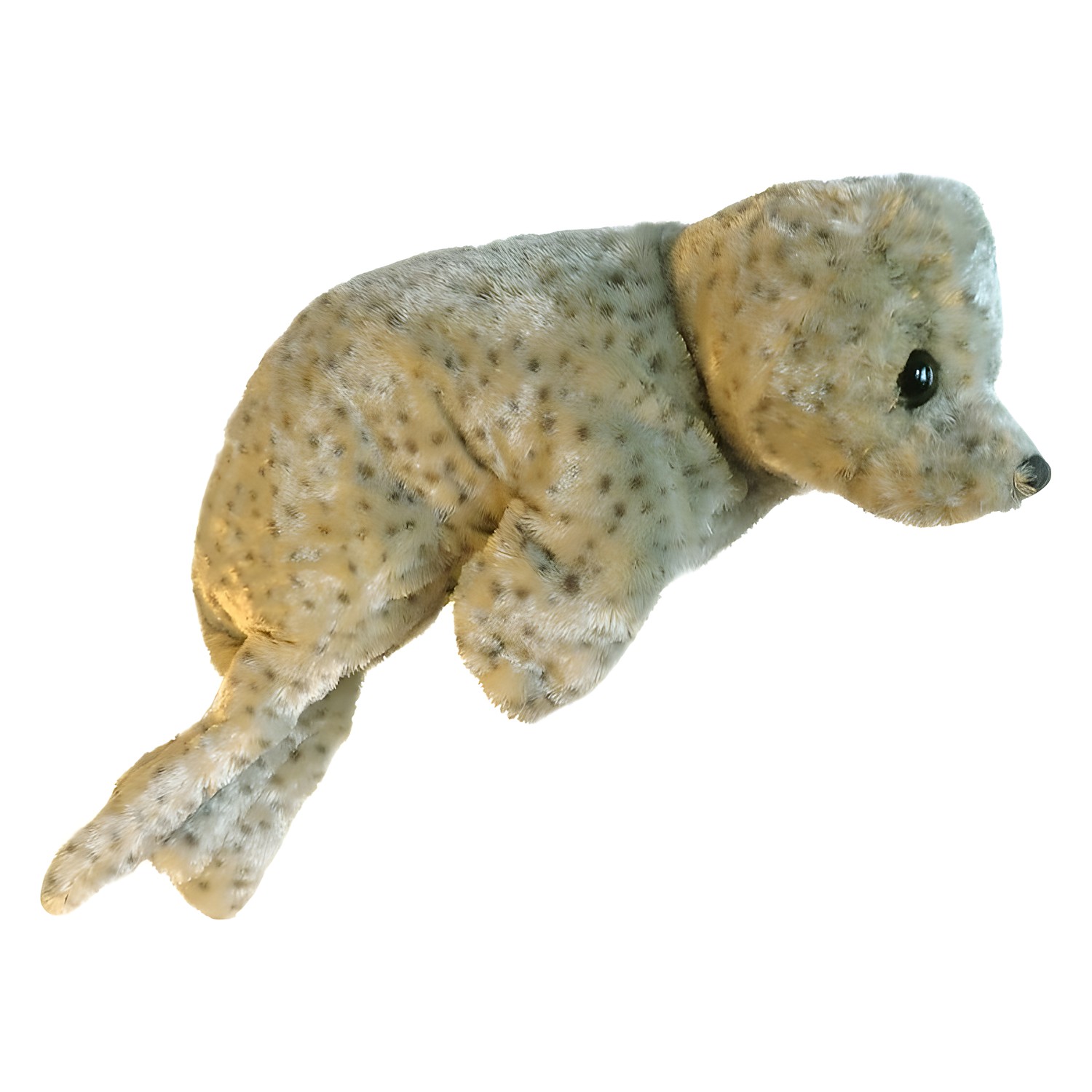 Folkmanis harbor seal baby hand puppet in beige-grey plush with dark spots and a black eye, side view
