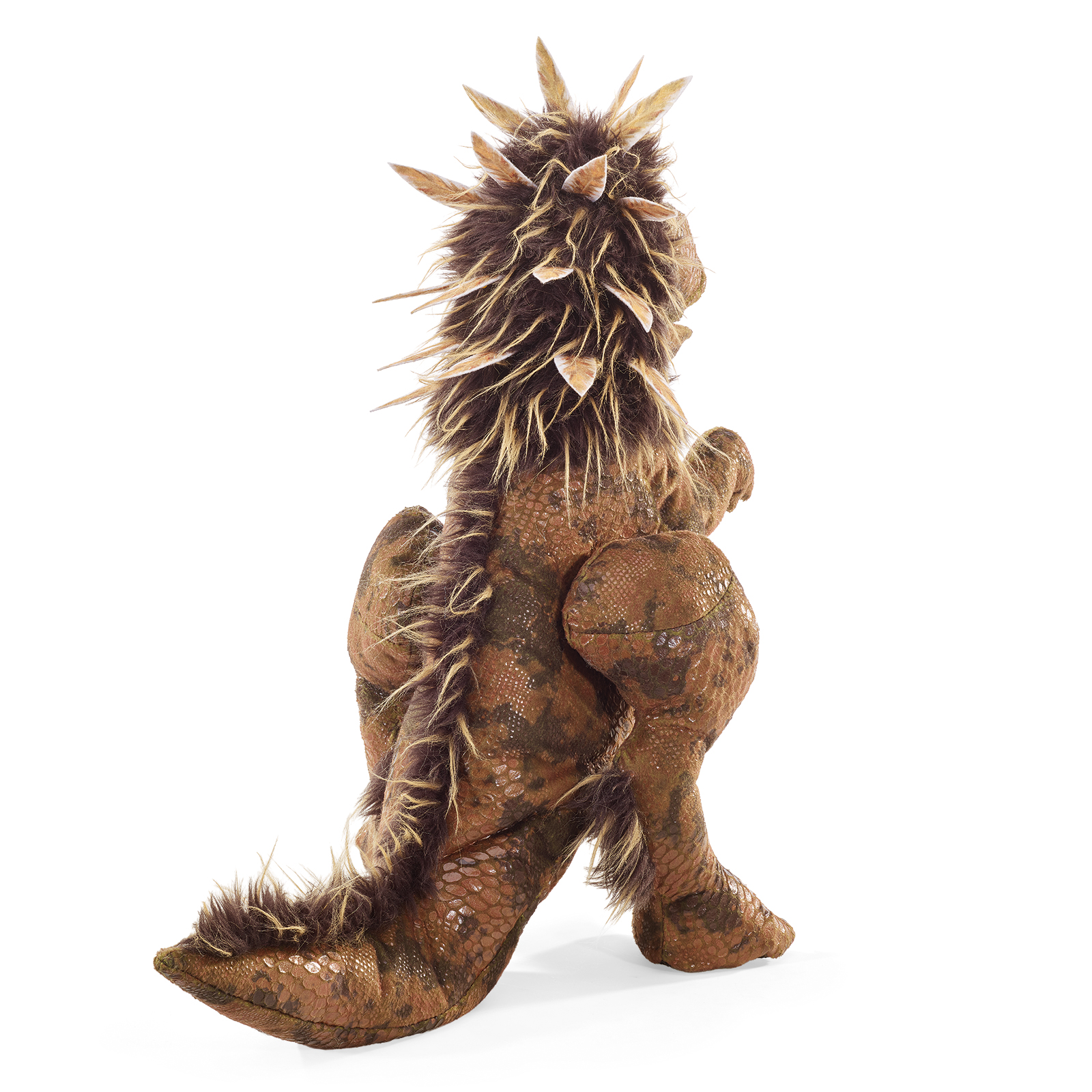 Folkmanis Handpuppe gefiederter Tyrannosaurus Rex von hinten, mit Federn und Stacheln entlang von Rücken und Schwanz.