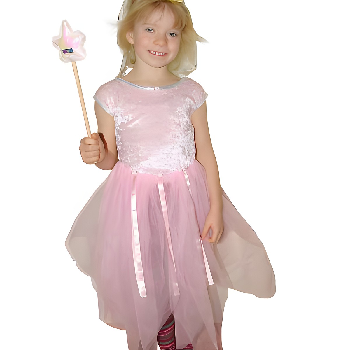 Prinzessinnenkleid rosa mit Zauberstab, Mädchen im Samtoberteil mit rosa Tüllrock und Silberband, Größe M 110-116