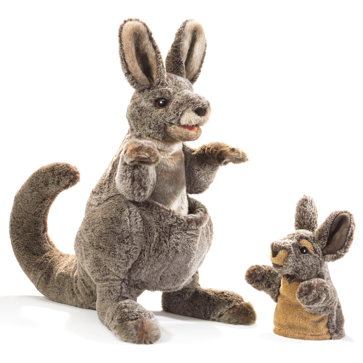 Folkmanis Handpuppe Känguru in Graubraun mit beweglichem Maul, daneben kleinere Baby-Känguru-Fingerpuppe in Goldbraun