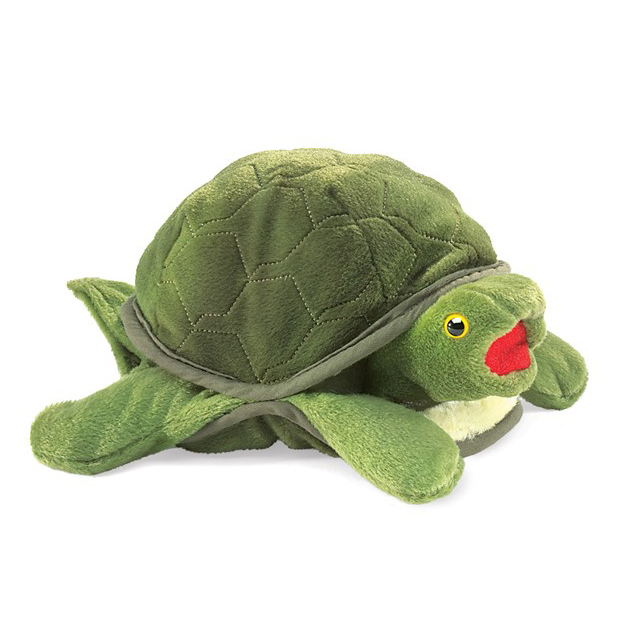 Folkmanis Handpuppe Baby Schildkröte in Grün mit gestepptem Panzer und rotem Maul, Seitenansicht