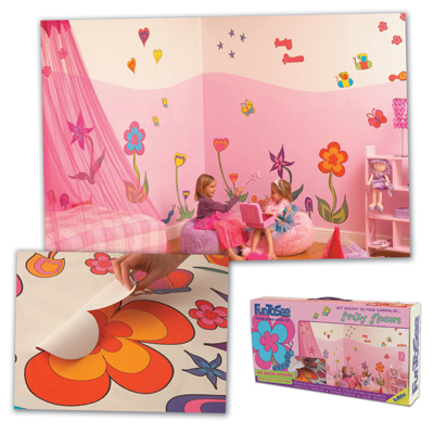 funtosee Wandsticker-Set Blumenwelt, Kinderzimmer mit rosa Wänden, bunten Blumen-Wandtattoos, Sitzsäcken und Verpackung