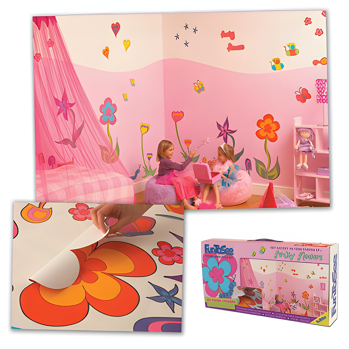 funtosee wall sticker set flower world, children's room with pink walls, colourful flower decals, bean bags and packaging