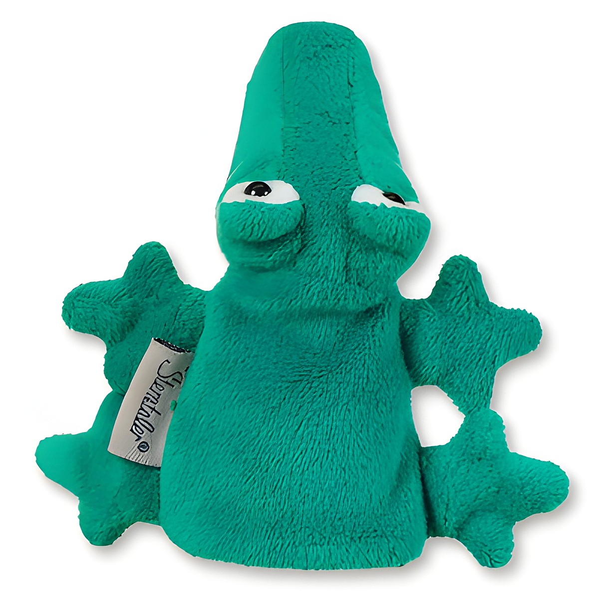 Sterntaler Fingerpuppe Krokodil, grüner Kopf mit hochsitzenden Augen und kleinen Krallenhänden
