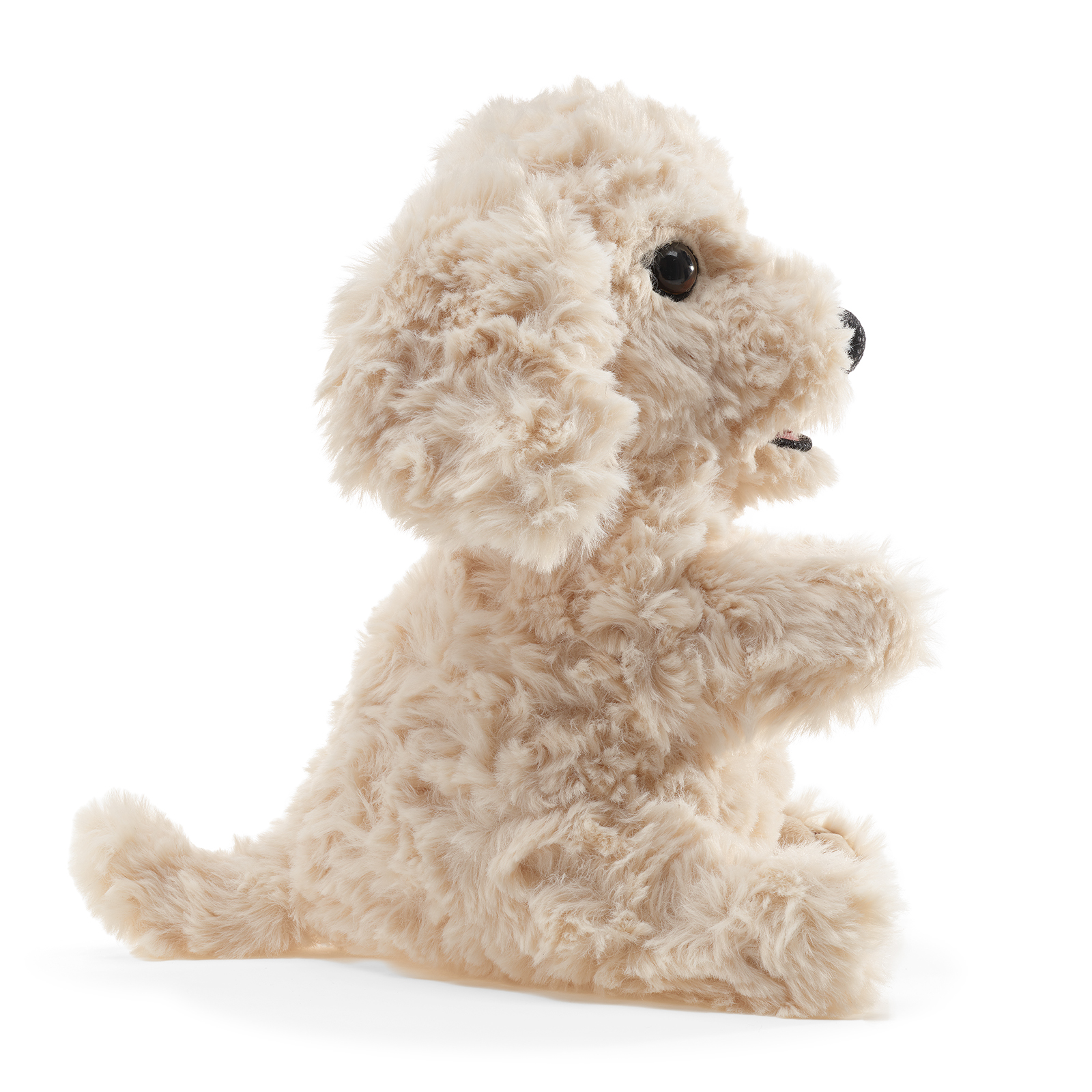 Folkmanis puppy hand puppet shown side-on, its curly fur clearly visible and the mouth slightly open.