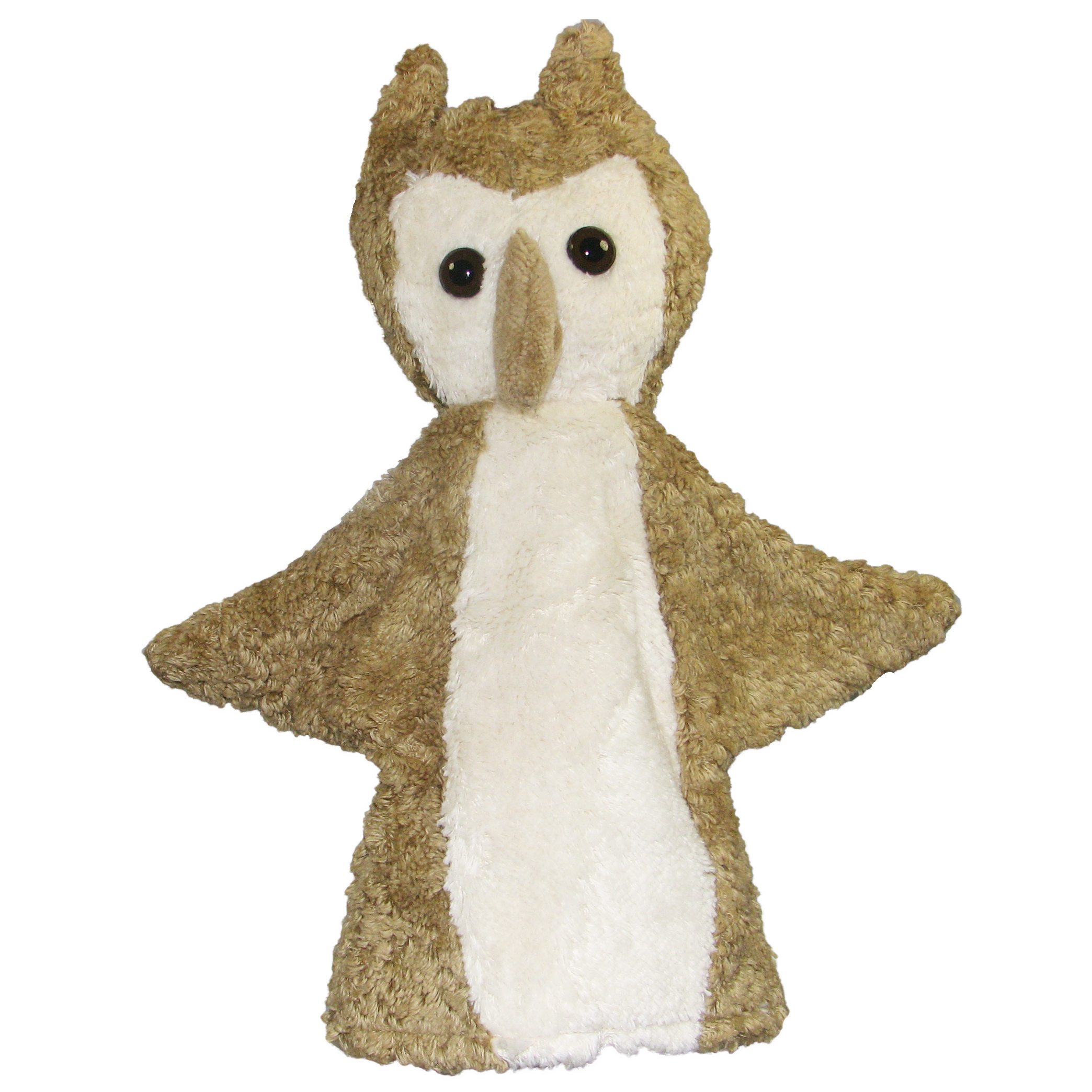 Kallisto Handpuppe Eule beige, Frontansicht mit ausgebreiteten Flügeln und cremefarbenem Bauch