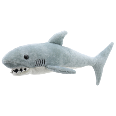 The Puppet Company giant finger puppet great white shark, grey shark with a white belly and an open mouth showing teeth