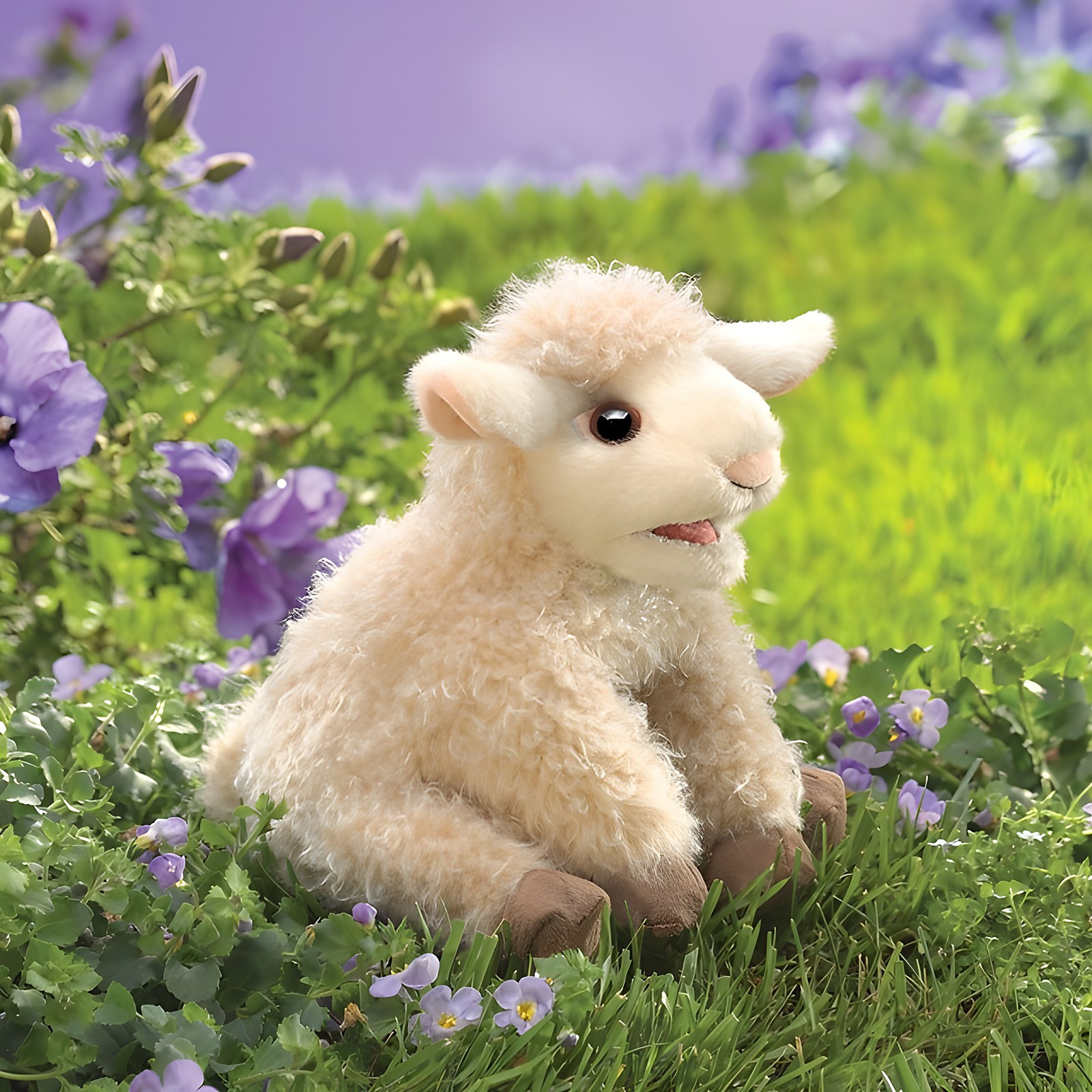 Folkmanis Handpuppe kleines Lamm mit cremefarbenem Lockenflor und braunen Hufen, sitzend auf einer Blumenwiese
