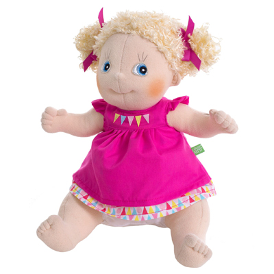 Rubens Kids Puppe Linnea mit blonden Löckchen und pinkem Kleid mit Wimpel-Stickerei