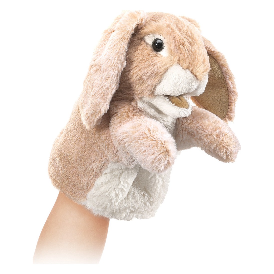Folkmanis Handpuppe kleines Widderkaninchen in Beige auf einer Hand, mit langen Schlappohren und beweglichem Maul, Seitenansicht