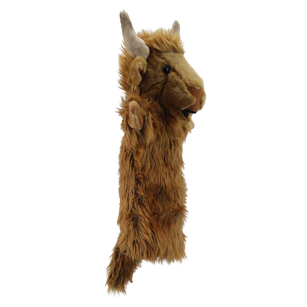The Puppet Company baby hand puppet Highland cow, shaggy cow puppet with a raised paw, side view