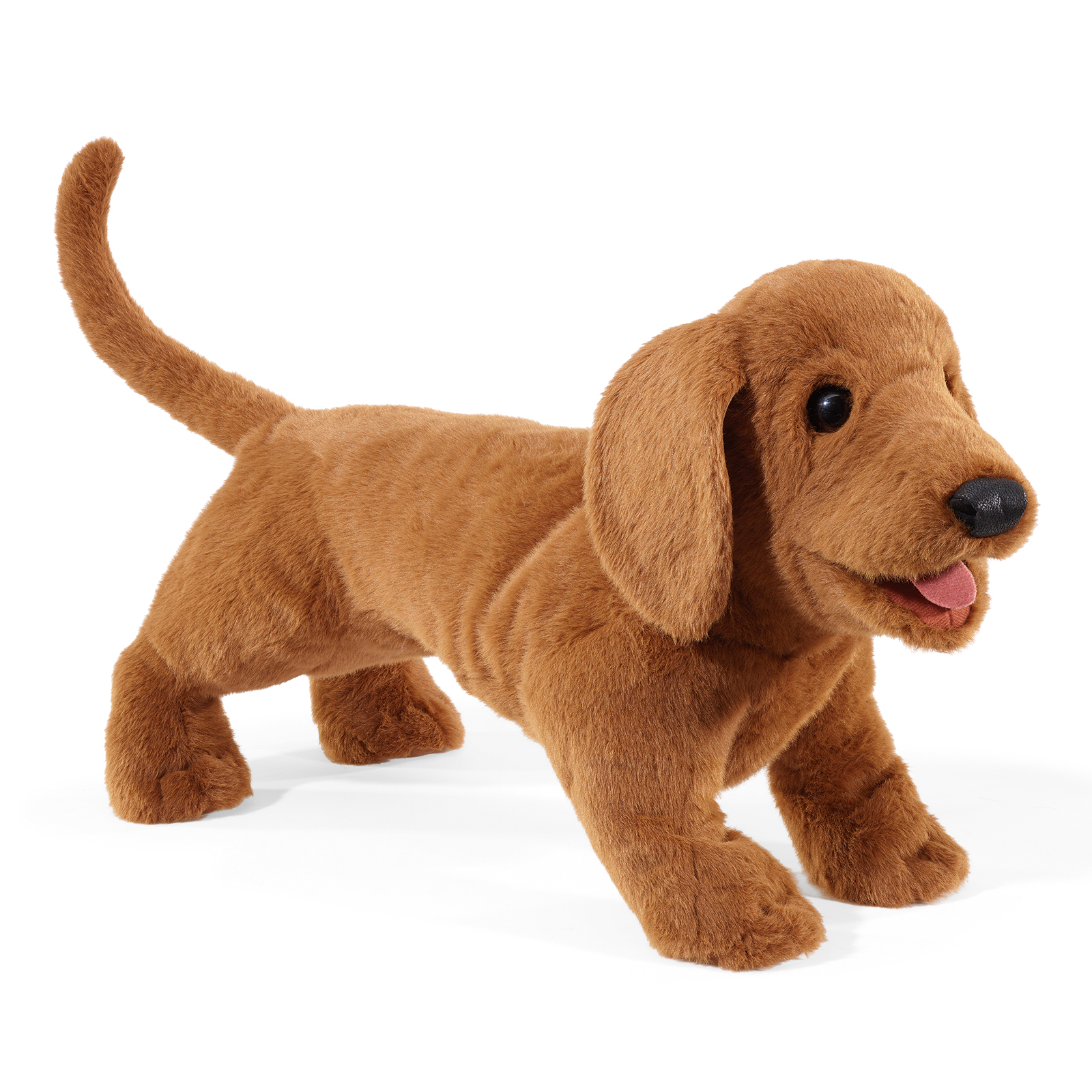 Folkmanis Handpuppe Dackel, stehend in Vorderansicht mit rotbraunem Fell, aufgestelltem Schwanz und geöffnetem Maul samt Zunge.