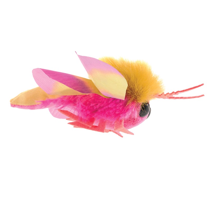 Folkmanis Fingerpuppe mini Rosa Ahornmotte in Knallrosa mit gelbem Pelzkopf und halbtransparenten Flügeln, Seitenansicht