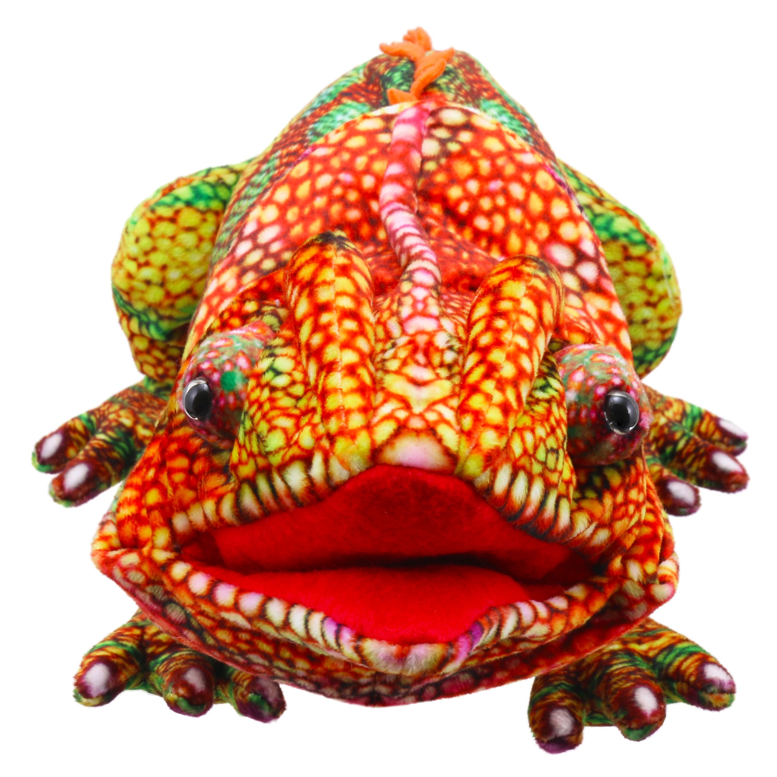 The Puppet Company Handpuppe Chamäleon orange, Nahaufnahme des Kopfes mit weit geöffnetem roten Maul