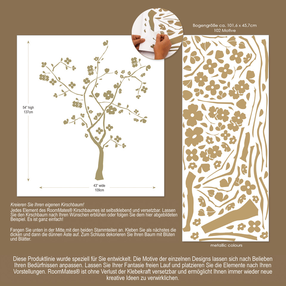 RoomMates Wandbild Cherry Blossom Peel & Stick, Infografik mit Maßangaben, Motivanzahl und Anleitung zum individuellen Zusammensetzen des Kirschbaums