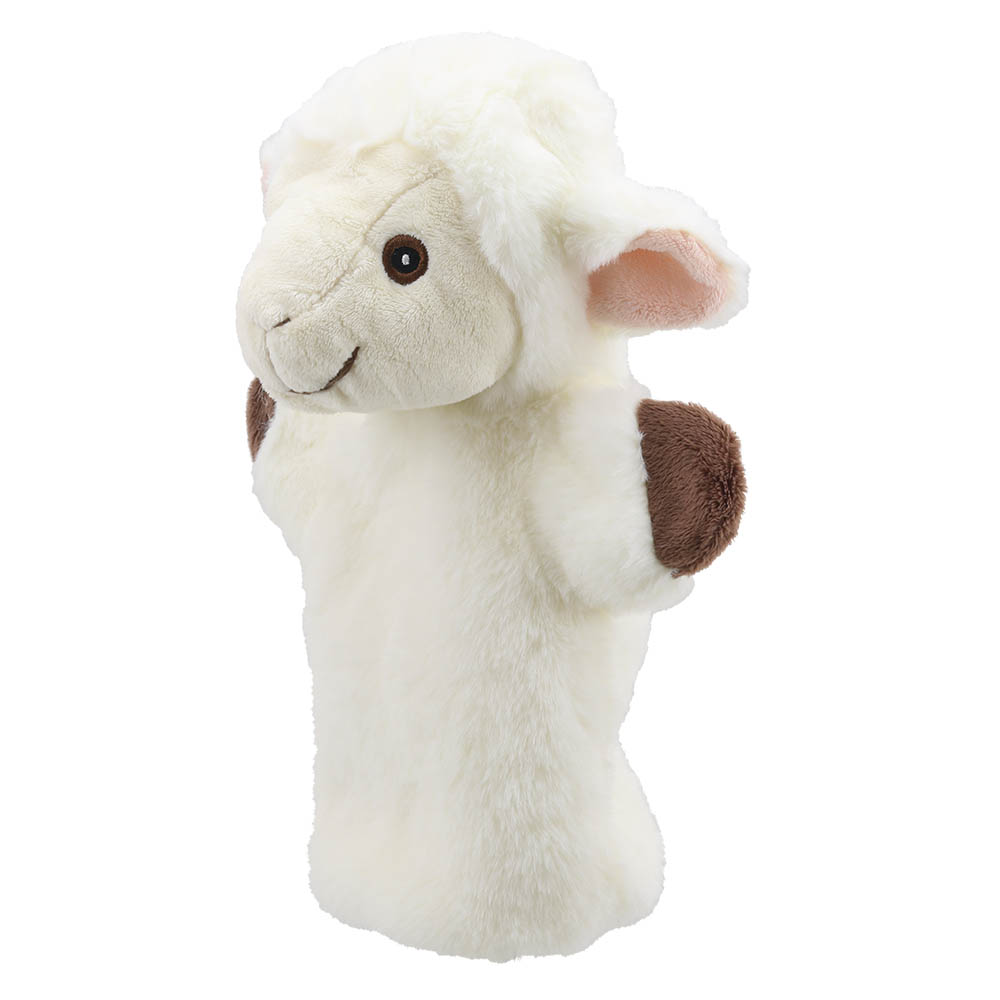 The Puppet Company baby hand puppet sheep, cream-white sheep with brown hand pieces, close-up view