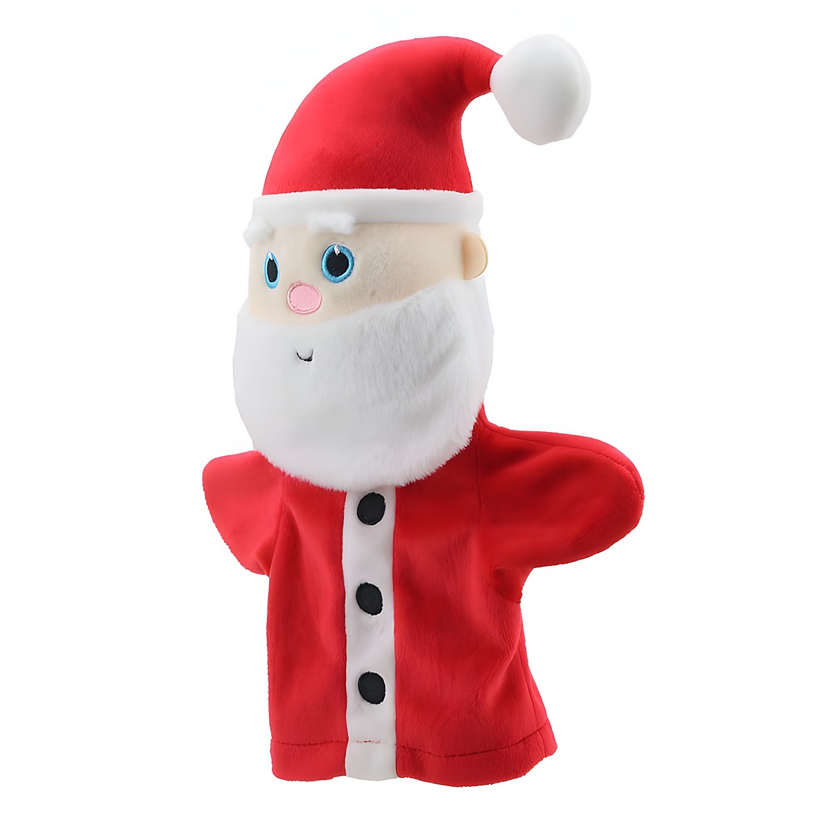 The Puppet Company baby hand puppet Santa Claus, red puppet with a white beard, slightly angled view